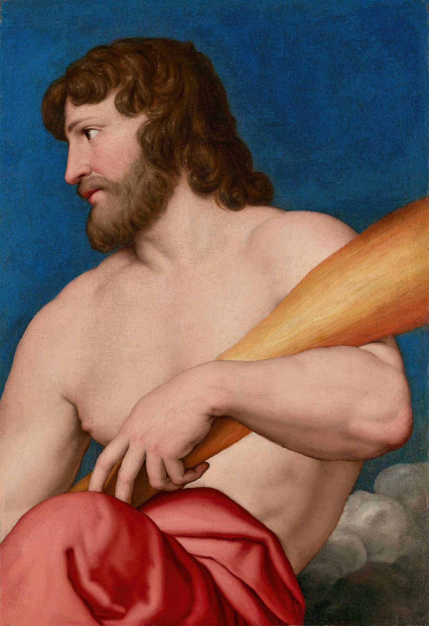 Retrato de busto de um homem barbudo e de cabelos castanhos, sem camisa, com um manto vermelho e um cajado amarelo, olhando para a esquerda em um fundo azul escuro, atribuído a Giovanni Battista Sassoferrato.
