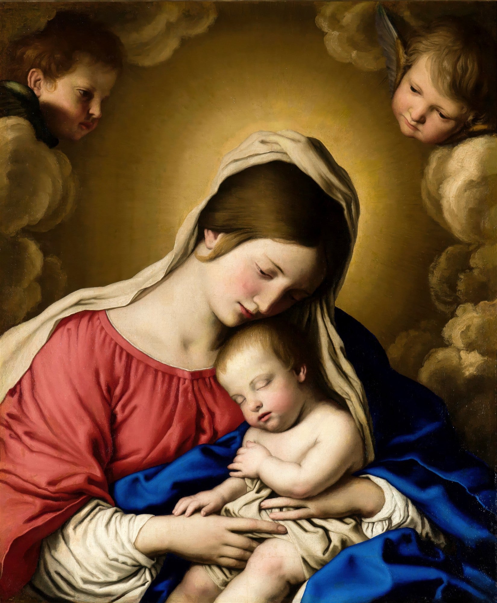 Quadro decorativo da Virgem Maria segurando o Menino Jesus adormecido, com anjos nas nuvens. Obra de Sassoferrato, estilo Barroco, com tons dourados e vibrantes.