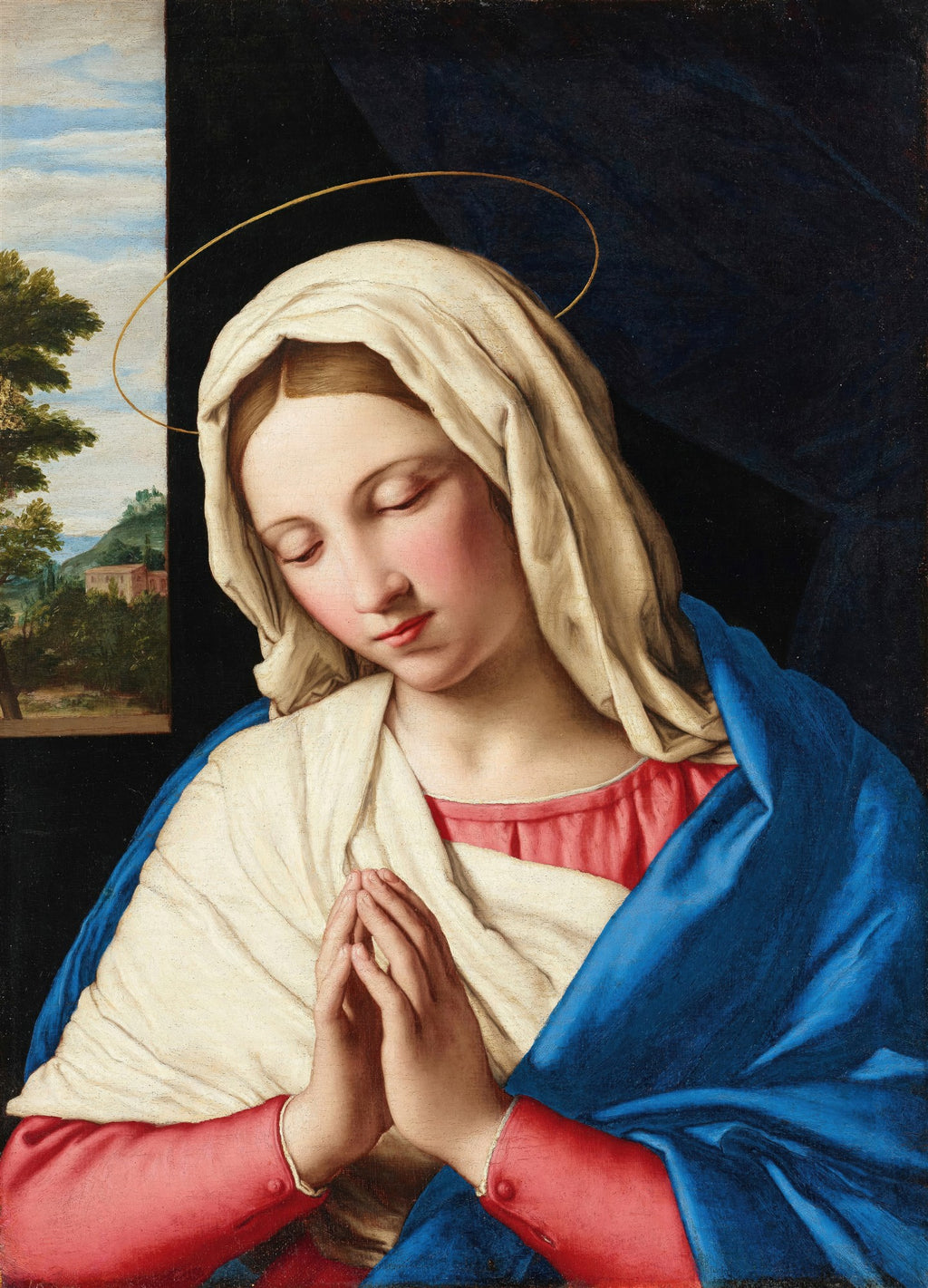 Quadro decorativo da Virgem Maria em oração, com véu branco e manto azul, mãos unidas, halo dourado e paisagem ao fundo. Atribuído a Sassoferrato.
