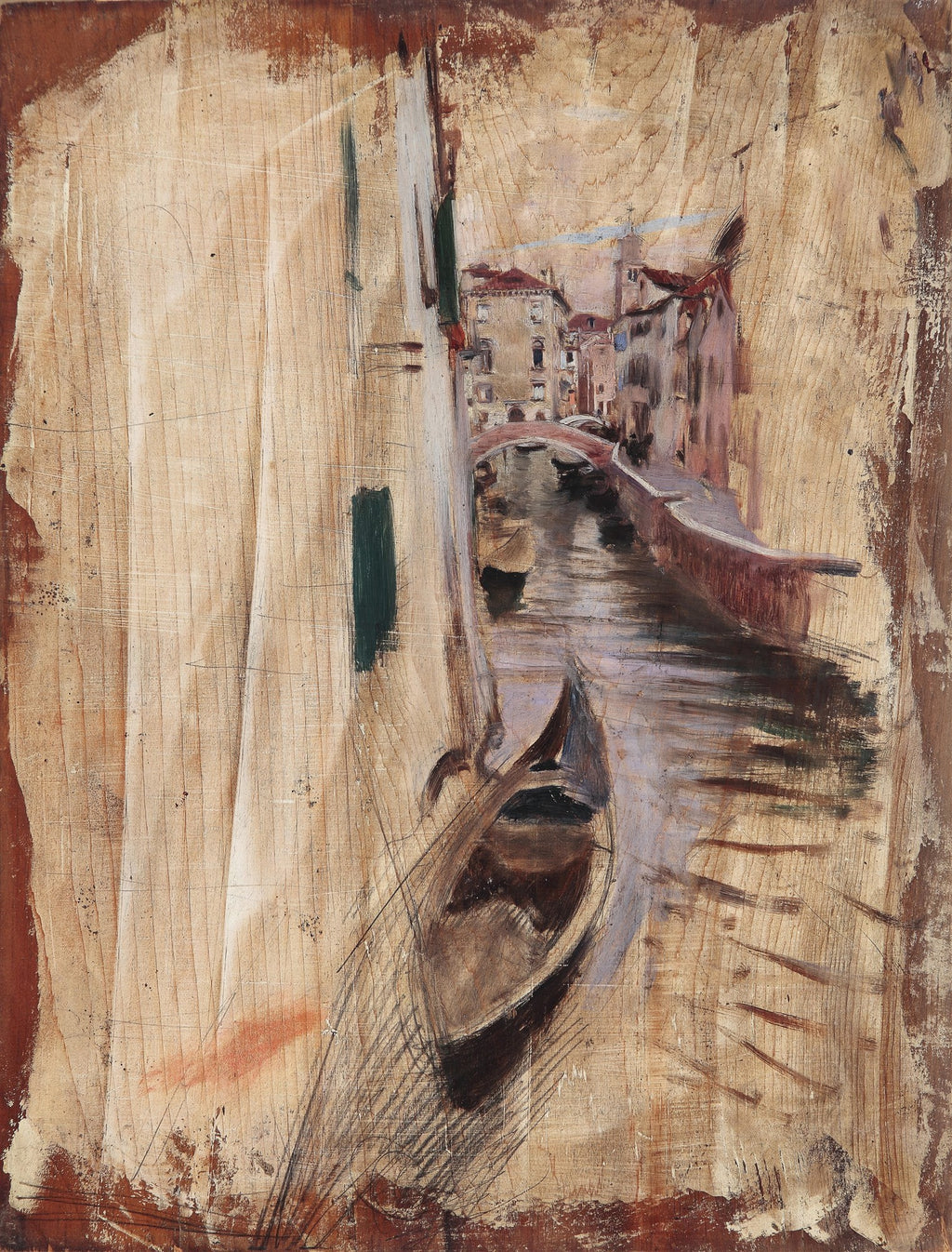 Quadro decorativo com uma pintura a óleo em tons terrosos de um canal estreito em Veneza, com edifícios antigos nas laterais e uma gôndola solitária no centro, atribuída a Giovanni Boldini.