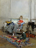 Pintura a óleo de Giovanni Boldini, 'A Costura', mostrando uma mulher sentada em um sofá e uma criança sentada no tapete, ambos costurando em um ambiente de sala elegante.