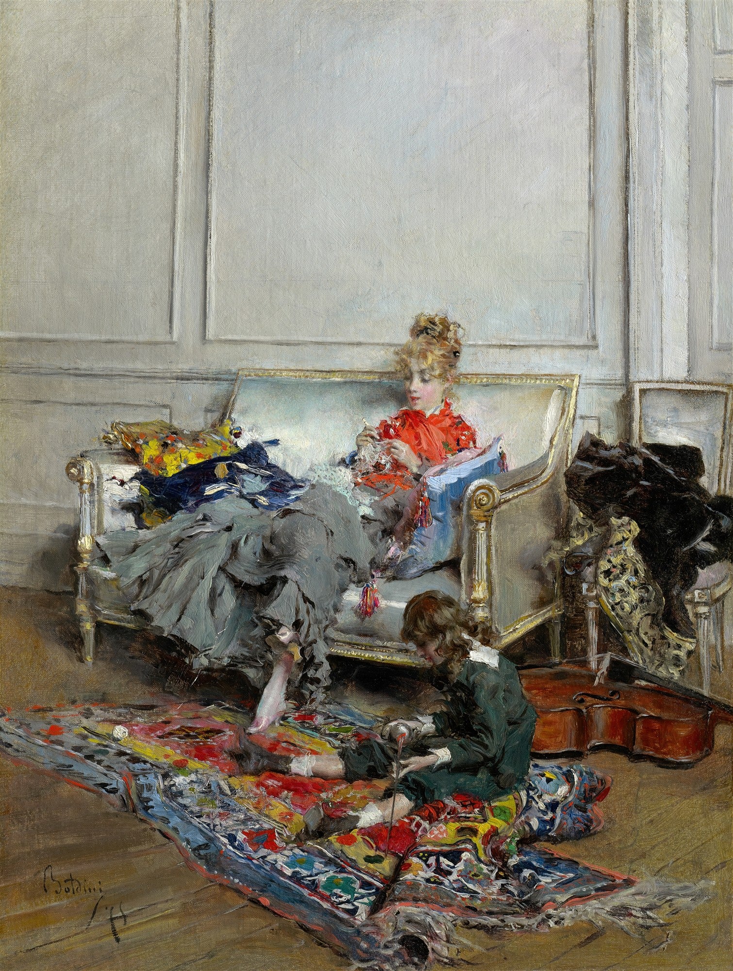 Pintura a óleo de Giovanni Boldini, 'A Costura', mostrando uma mulher sentada em um sofá e uma criança sentada no tapete, ambos costurando em um ambiente de sala elegante.