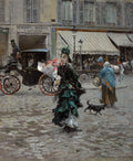 Uma mulher elegante com um vestido verde e buquê de flores caminhando em uma rua de paralelepípedos em Paris, com carruagens e lojas ao fundo, em uma pintura de Giovanni Boldini.