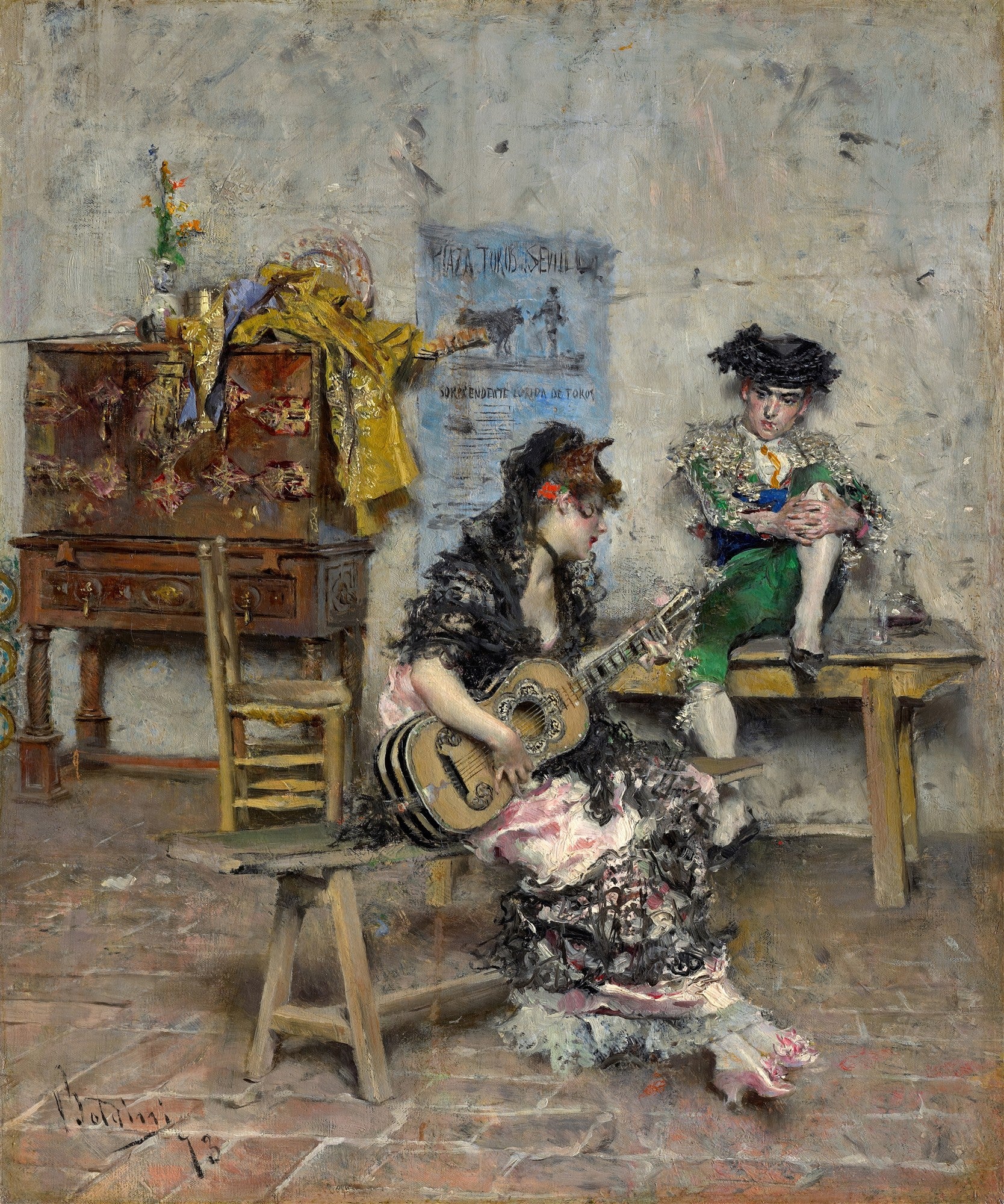Quadro decorativo com uma mulher tocando violão e um toureiro sentado ao lado, em uma cena dramática e colorida de Giovanni Boldini. O ambiente remete à cultura espanhola.