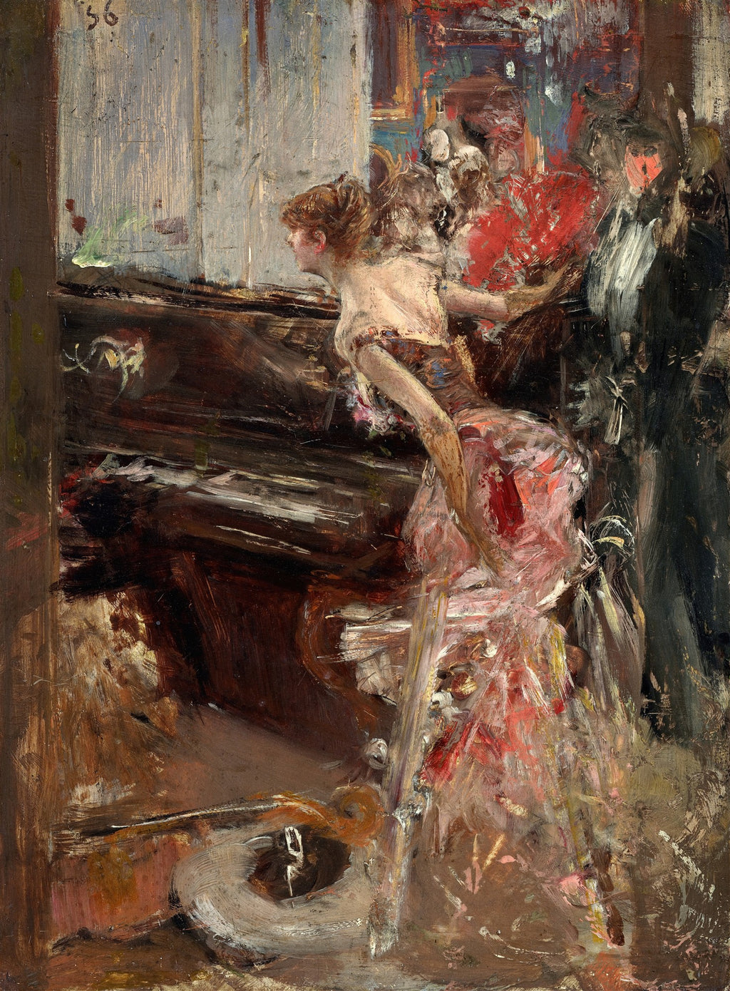 Pintura de Giovanni Boldini 'A Música', retratando uma mulher elegante em um vestido rosa e branco curvada sobre um piano, com outra figura masculina e um leque vermelho ao fundo, com pinceladas soltas e expressivas.
