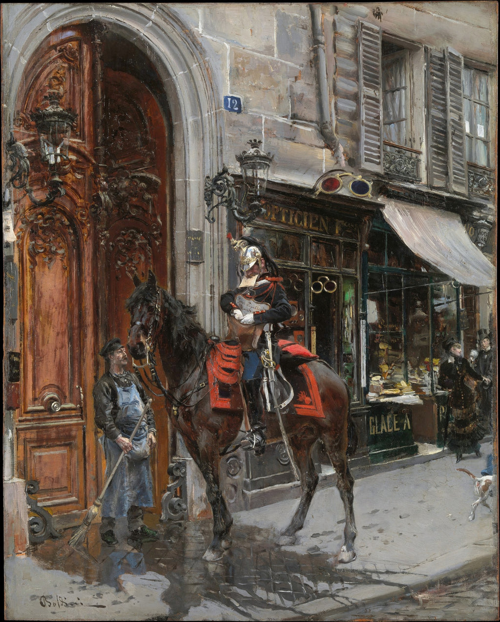 Quadro decorativo de Giovanni Boldini, 'A Cavalaria', mostrando um cavaleiro montado em um cavalo escuro em frente a uma loja em Paris, enquanto um varredor de rua o observa. A cena urbana detalhada inclui arquitetura, pessoas e um cachorro, com reflexos na rua molhada.