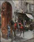Quadro decorativo de Giovanni Boldini, 'A Cavalaria', mostrando um cavaleiro montado em um cavalo escuro em frente a uma loja em Paris, enquanto um varredor de rua o observa. A cena urbana detalhada inclui arquitetura, pessoas e um cachorro, com reflexos na rua molhada.