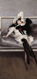 Retrato de uma mulher jovem sentada em um sofá, vestindo um chapéu branco rendado, blusa branca com detalhes rendados, uma capa preta e meias pretas. Ela segura um guarda-chuva. A obra é de Giovanni Boldini, de 1892.