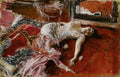 Quadro decorativo com pintura a óleo de Giovanni Boldini, retratando uma mulher deitada de lado em um tapete vermelho, com pinceladas gestuais e expressivas em tons de vermelho, branco e marrom. A mulher veste um vestido claro e seu rosto está voltado para o observador.