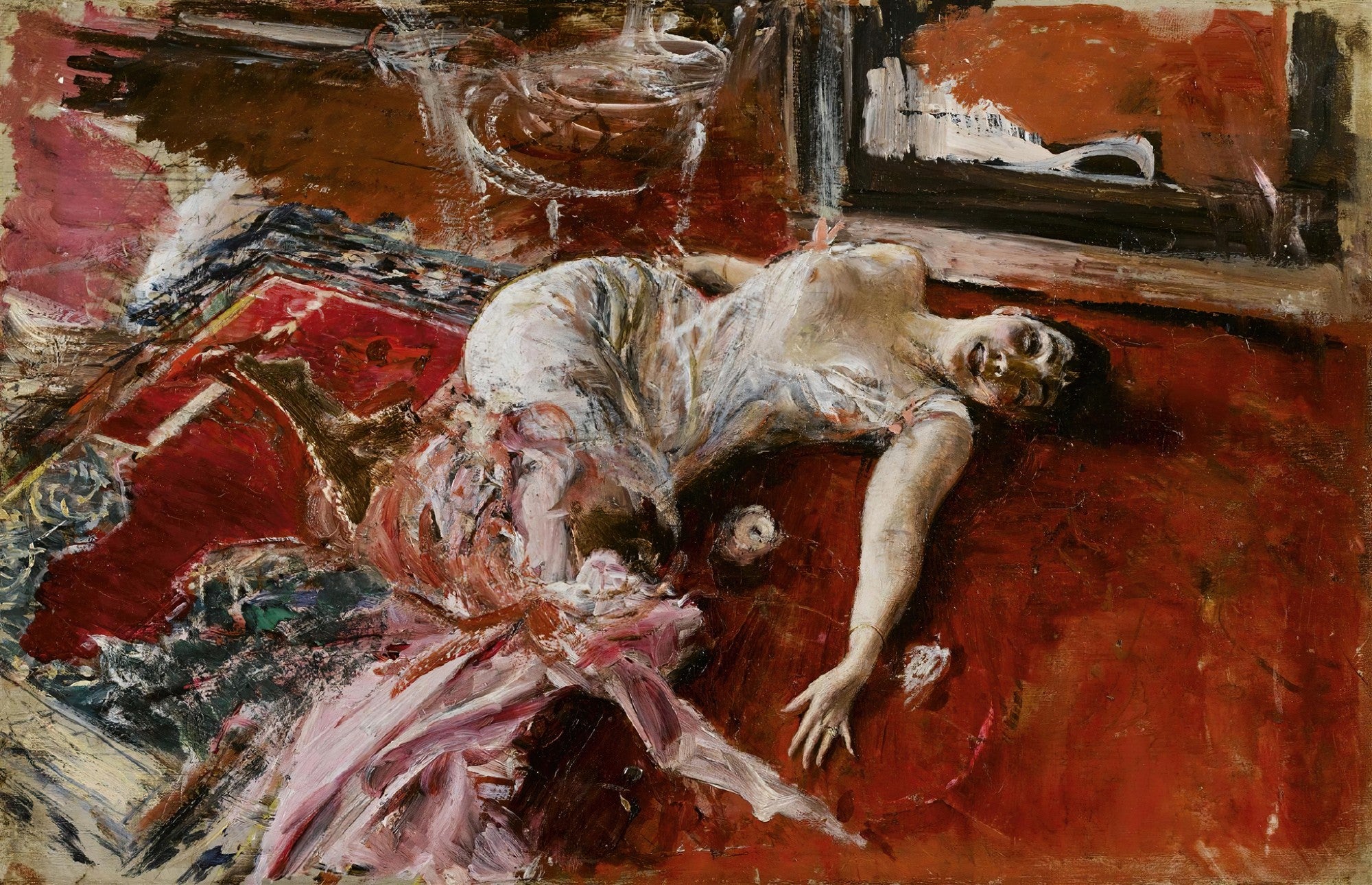 Quadro decorativo com pintura a óleo de Giovanni Boldini, retratando uma mulher deitada de lado em um tapete vermelho, com pinceladas gestuais e expressivas em tons de vermelho, branco e marrom. A mulher veste um vestido claro e seu rosto está voltado para o observador.