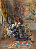 Quadro decorativo com duas mulheres sentadas em um ambiente opulento, uma lendo um jornal e a outra observando. A obra é de Giovanni Boldini, com estilo impressionista e cores vibrantes.