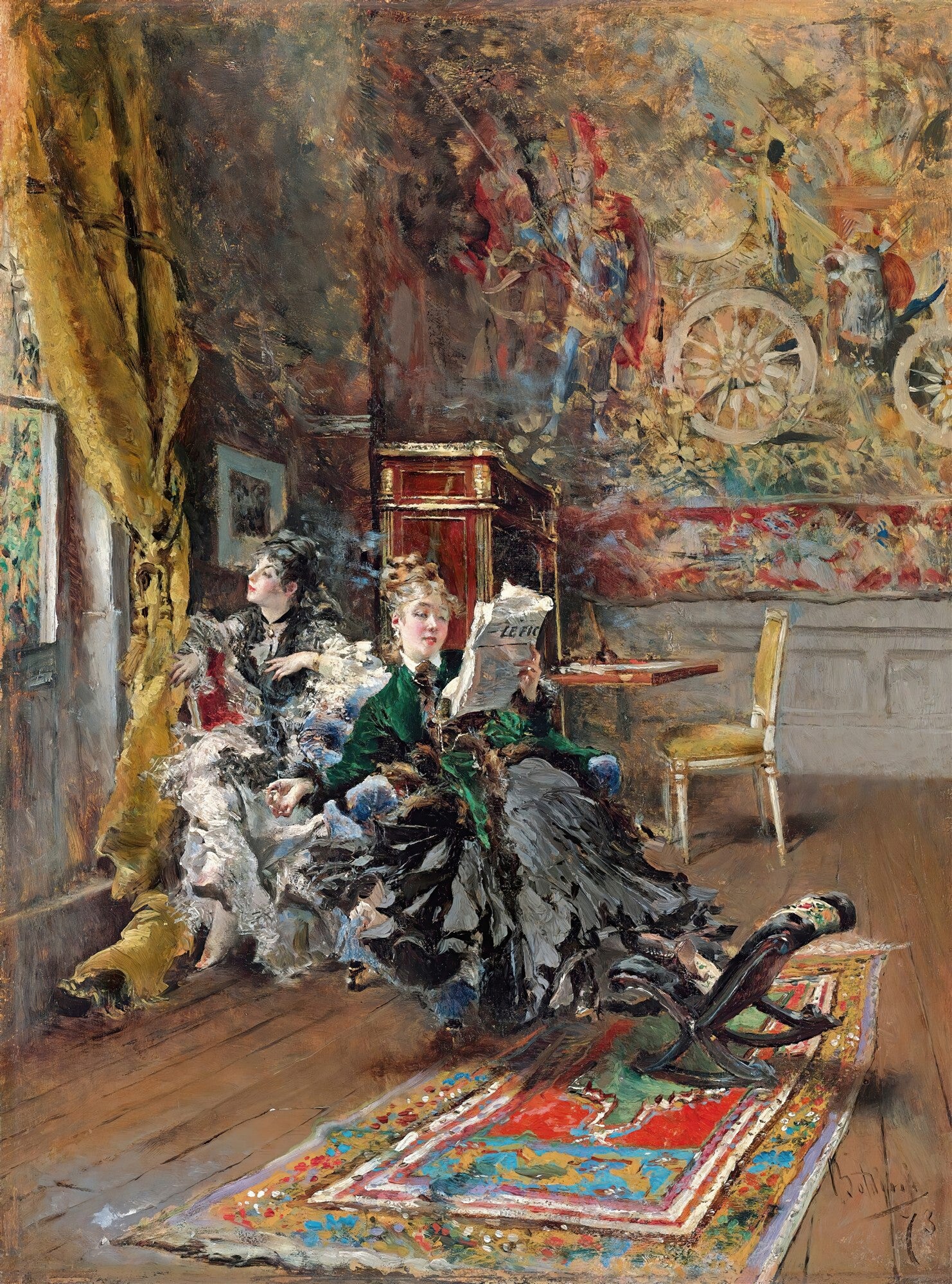 Quadro decorativo com duas mulheres sentadas em um ambiente opulento, uma lendo um jornal e a outra observando. A obra é de Giovanni Boldini, com estilo impressionista e cores vibrantes.