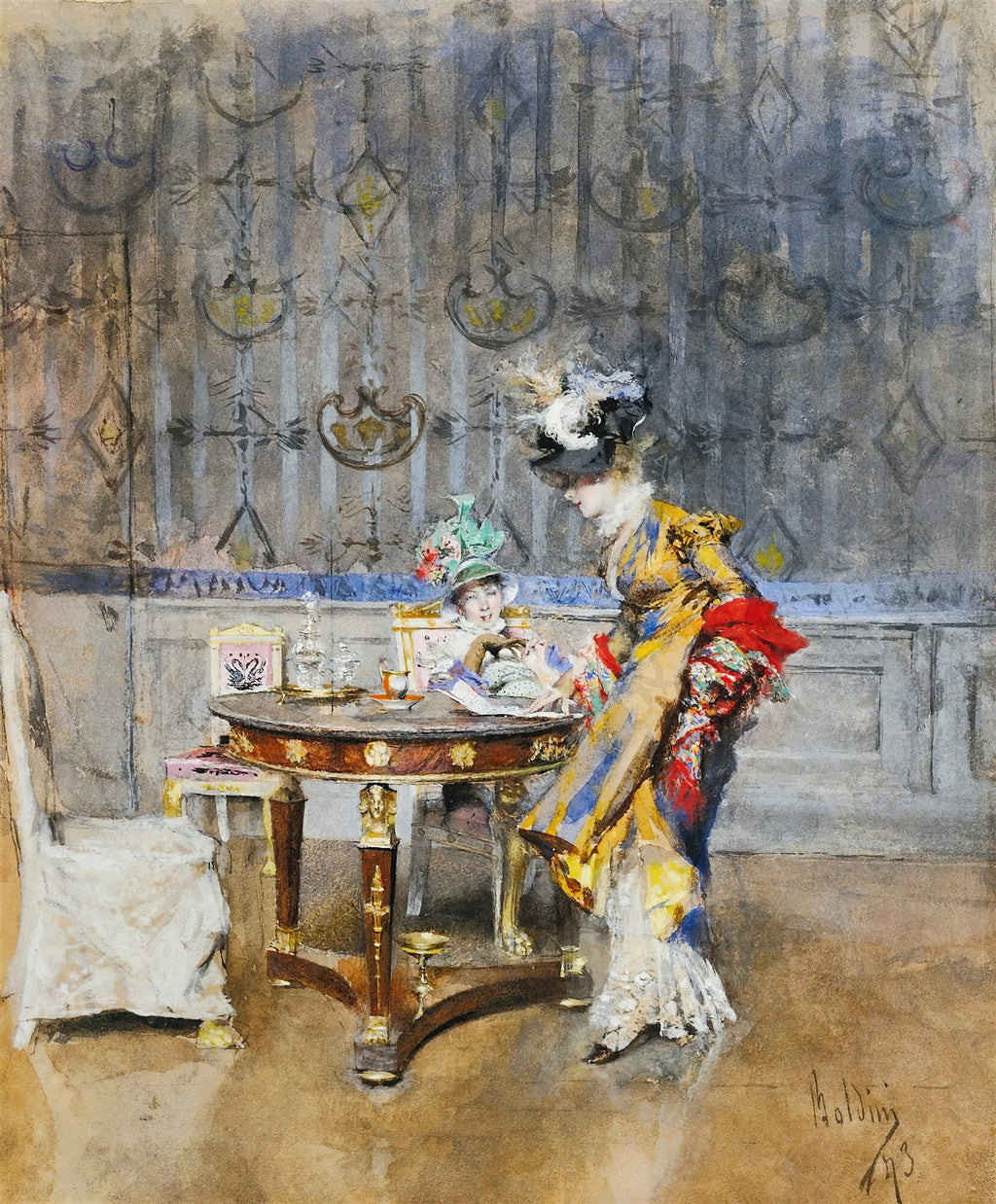Quadro decorativo em aquarela de Giovanni Boldini, retratando uma dama em vestido amarelo e azul com chapéu extravagante, inclinada sobre uma mesa redonda onde outra figura, possivelmente uma criança, está sentada lendo. O ambiente é um salão com papel de parede ornamentado e cores suaves.
