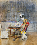Quadro decorativo em aquarela de Giovanni Boldini, retratando uma dama em vestido amarelo e azul com chapéu extravagante, inclinada sobre uma mesa redonda onde outra figura, possivelmente uma criança, está sentada lendo. O ambiente é um salão com papel de parede ornamentado e cores suaves.