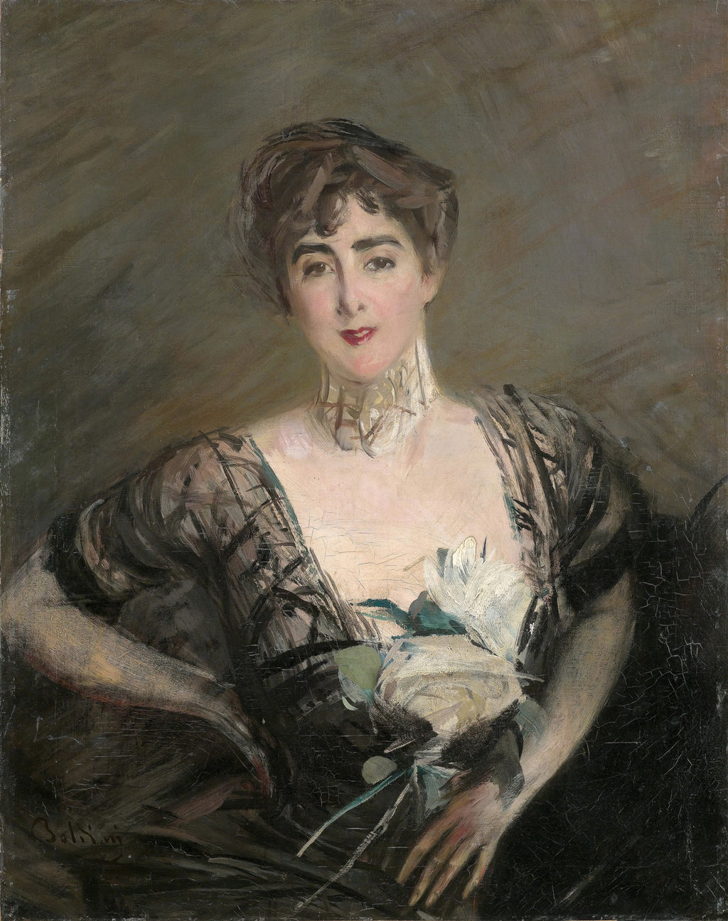 Retrato feminino atribuído a Giovanni Boldini, mostrando uma mulher de cabelos escuros e olhar penetrante, vestindo um traje elegante com rosas brancas no decote, em estilo impressionista.