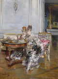 Quadro decorativo mostrando duas damas elegantemente vestidas sentadas em um interior luxuoso, uma delas lendo e a outra observando, em estilo Belle Époque de Giovanni Boldini.