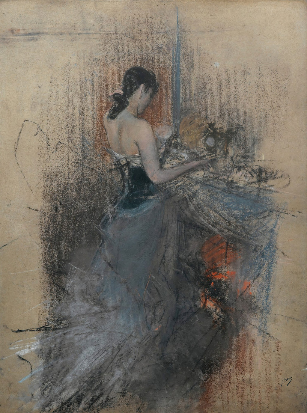 Quadro decorativo com obra de Giovanni Boldini, retratando uma mulher elegante de costas, com cabelos presos, vestindo um corpete e saia longa, em tons de cinza, azul, marrom e laranja, usando técnica de pastel e carvão.