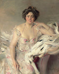 Retrato de uma mulher elegante de Giovanni Boldini, sentada e olhando para o observador, vestindo um vestido claro e pérolas, com um fundo neutro.