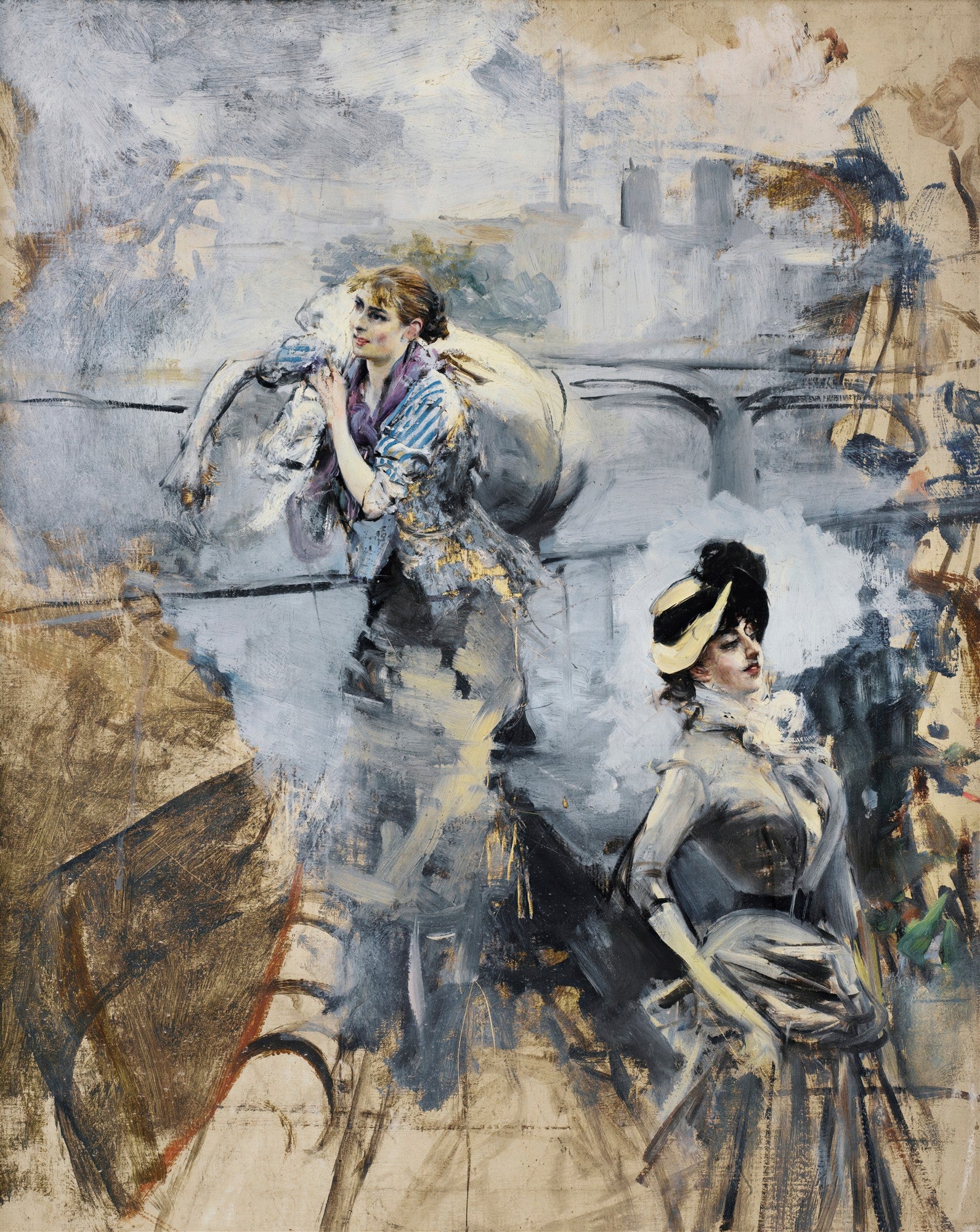 Quadro decorativo mostrando duas mulheres elegantes, de Giovanni Boldini, com pinceladas soltas e fundo urbano borrado. Uma mulher está mais à frente, de perfil, com chapéu e vestido formal, a outra mais ao fundo, com vestido listrado e lenço roxo, apoiada em um corrimão.