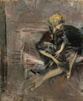 Pintura a óleo atribuída a Giovanni Boldini, mostrando uma mulher loira sentada, abraçando um cão de pelagem escura, com pinceladas soltas e expressivas em tons de cinza, marrom e amarelo.