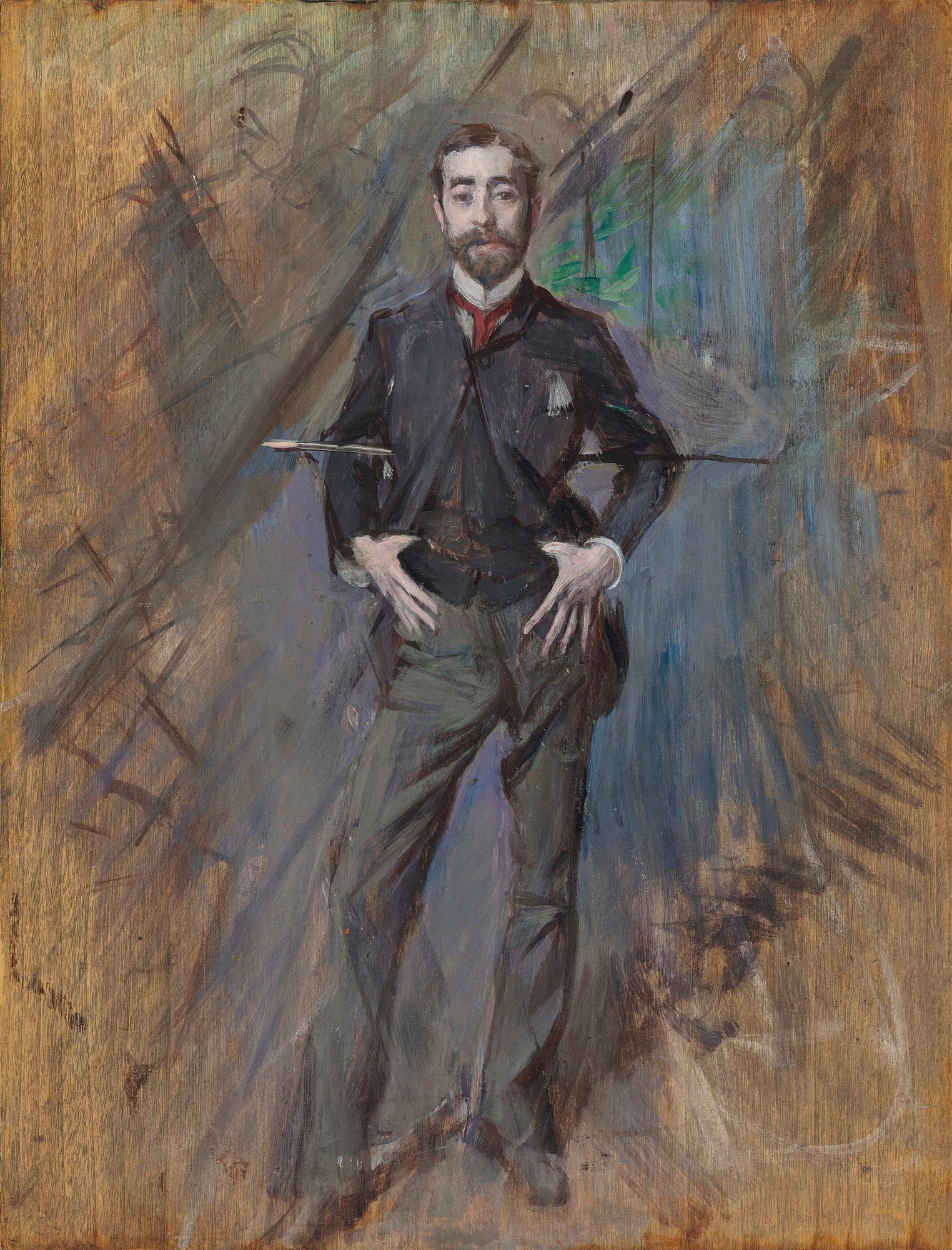 Quadro decorativo com retrato de um homem barbudo e elegante, em terno escuro e gravata vermelha, em pé com as mãos na cintura, contra um fundo abstrato de pinceladas vibrantes. Obra de Giovanni Boldini.