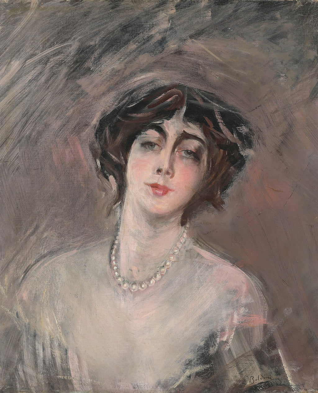 Retrato de uma jovem dama, atribuído a Giovanni Boldini, com olhar melancólico e colar de pérolas, em tons suaves e pinceladas soltas. Foco na expressão facial e no busto da mulher.