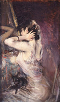 Quadro decorativo de Giovanni Boldini, "A Mulher e o Gato", retratando uma mulher de costas arrumando o cabelo, com um gato preto ao lado, em tons de roxo, rosa e cinza.
