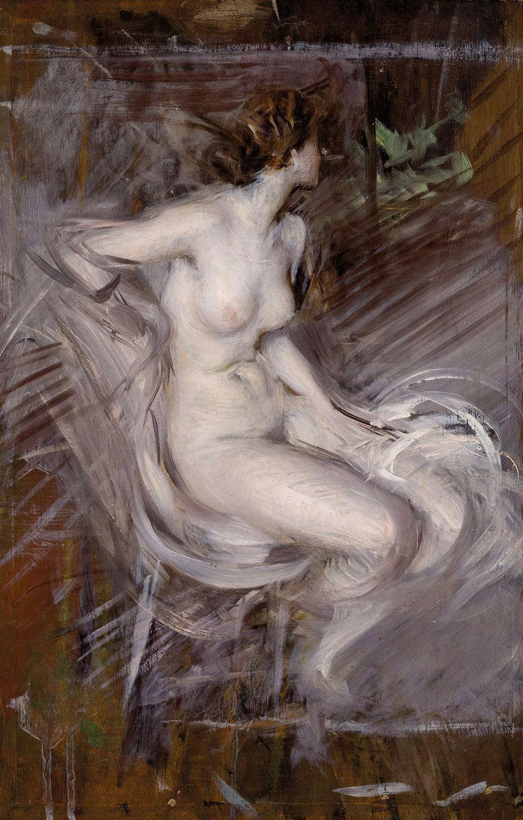 Quadro decorativo mostrando um nu feminino em movimento, pintado em tons de branco, cinza e marrom, com pinceladas soltas e dinâmicas, atribuído a Giovanni Boldini.