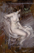Quadro decorativo mostrando um nu feminino em movimento, pintado em tons de branco, cinza e marrom, com pinceladas soltas e dinâmicas, atribuído a Giovanni Boldini.