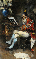 Quadro decorativo mostrando um homem vestido com roupas de época, chapéu e casaco vermelho, tocando um alaúde, sentado ao lado de uma estante de partituras e um vaso azul com folhagens. A iluminação é dramática e a técnica de pincelada solta.