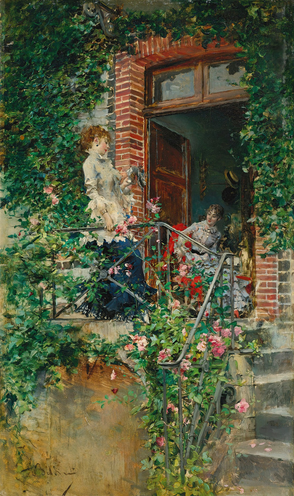 Quadro decorativo "A Escadaria Florida" de Giovanni Boldini, mostrando duas mulheres em uma escadaria de tijolos e ferro coberta por hera e rosas cor de rosa, com uma delas segurando flores.