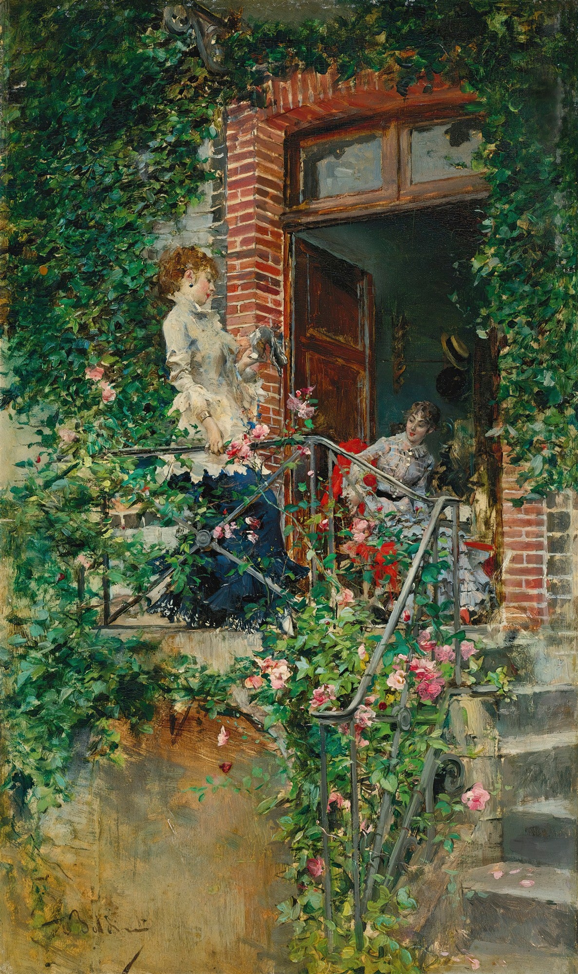 Quadro decorativo "A Escadaria Florida" de Giovanni Boldini, mostrando duas mulheres em uma escadaria de tijolos e ferro coberta por hera e rosas cor de rosa, com uma delas segurando flores.