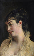 Retrato feminino atribuído a Giovanni Boldini, mostrando o busto de uma mulher jovem de pele clara, cabelo escuro preso e um sorriso enigmático, com um vestido de renda clara e fundo escuro.