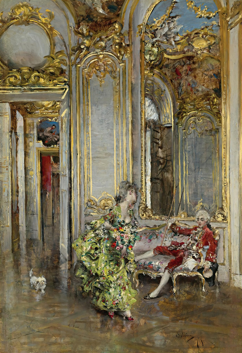 Quadro a óleo de Giovanni Boldini, 'A Conversa', retratando uma dama em vestido verde floral e um cavalheiro em traje vermelho em um luxuoso salão rococó, com um pequeno cão branco ao fundo.