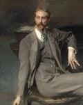 Retrato de um homem elegante com bigode e barba, vestindo um terno cinza e gravata verde, sentado em uma cadeira, pintado por Giovanni Boldini em 1902