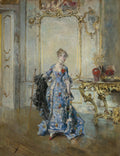 Pintura a óleo de Giovanni Boldini, "A Dama Azul", retratando uma mulher elegante em um vestido azul ricamente adornado, segurando um chapéu e uma bengala, em um interior clássico.