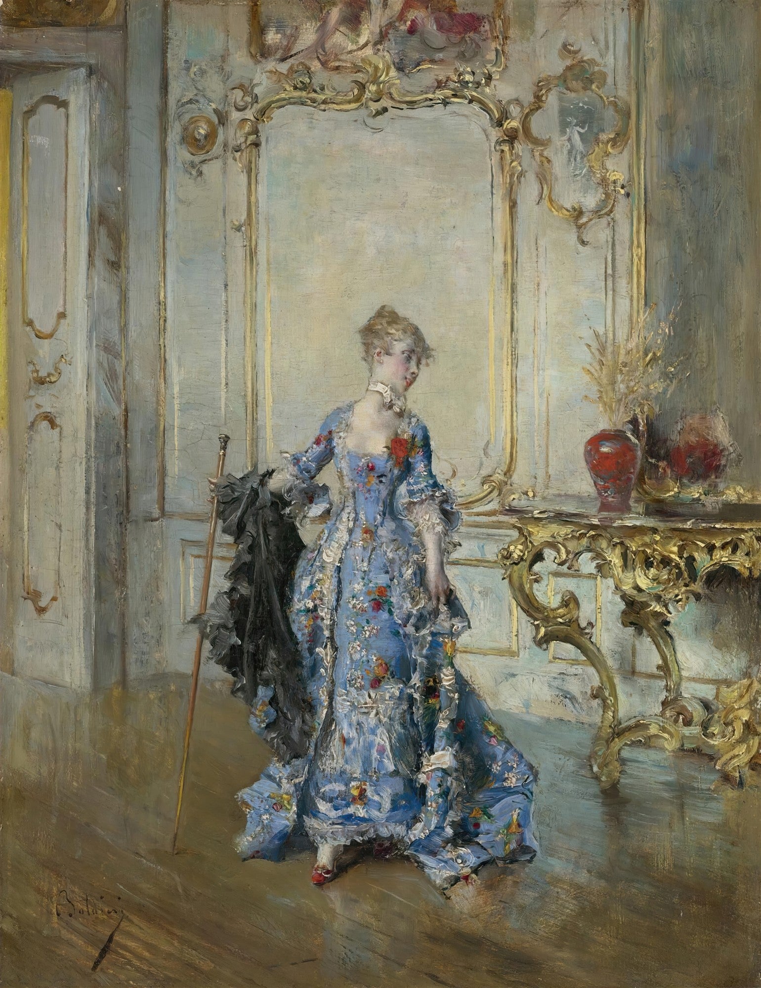 Pintura a óleo de Giovanni Boldini, "A Dama Azul", retratando uma mulher elegante em um vestido azul ricamente adornado, segurando um chapéu e uma bengala, em um interior clássico.