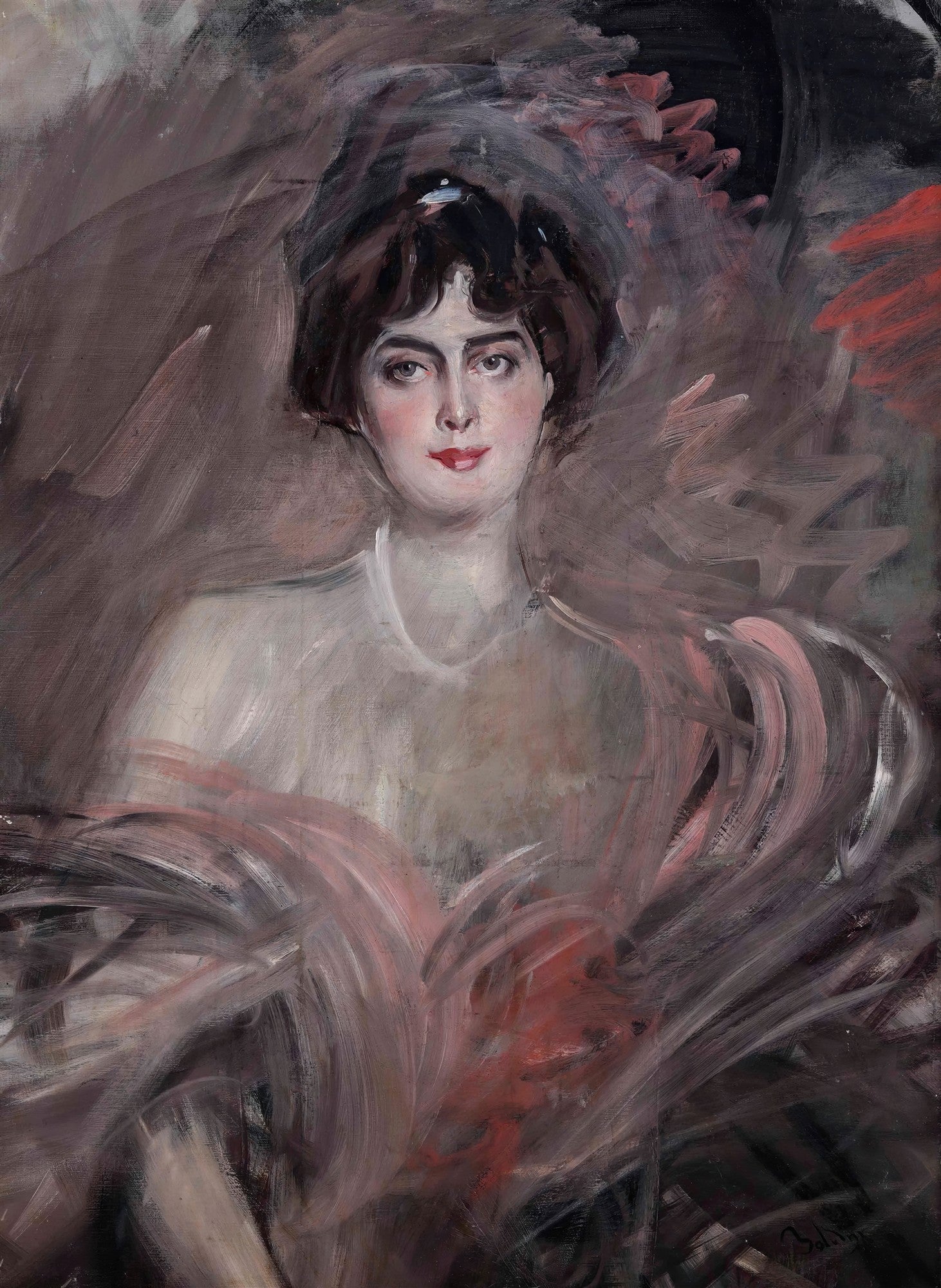 Retrato feminino atribuído a Giovanni Boldini, com pinceladas soltas e expressivas em tons de cinza, marrom e rosa, destacando o rosto e o decote da mulher. A obra exibe uma estética da Belle Époque, com um toque de dinamismo e mistério na composição.