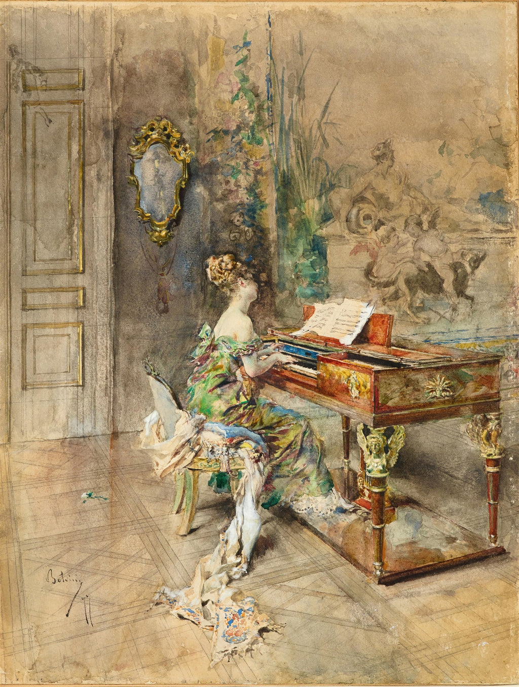Pintura em aquarela de Giovanni Boldini retratando uma mulher elegante, de costas, tocando um clavicórdio em um interior ricamente decorado. O vestido da mulher é colorido em tons de verde, amarelo e azul, com detalhes rendados. O clavicórdio é de madeira escura com ornamentos dourados. Ao fundo, um espelho dourado e um mural com figuras clássicas.