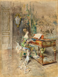 Pintura em aquarela de Giovanni Boldini retratando uma mulher elegante, de costas, tocando um clavicórdio em um interior ricamente decorado. O vestido da mulher é colorido em tons de verde, amarelo e azul, com detalhes rendados. O clavicórdio é de madeira escura com ornamentos dourados. Ao fundo, um espelho dourado e um mural com figuras clássicas.