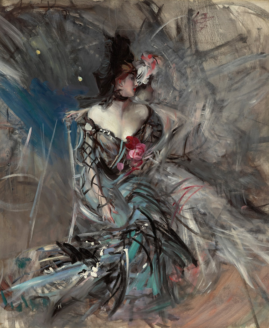 Quadro decorativo com retrato de mulher sentada, vestindo vestido escuro com detalhes em azul e rosa, em estilo impressionista com pinceladas soltas e vibrantes sobre fundo abstrato cinza e azul. Obra de Giovanni Boldini.