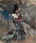 Quadro decorativo com retrato de mulher sentada, vestindo vestido escuro com detalhes em azul e rosa, em estilo impressionista com pinceladas soltas e vibrantes sobre fundo abstrato cinza e azul. Obra de Giovanni Boldini.