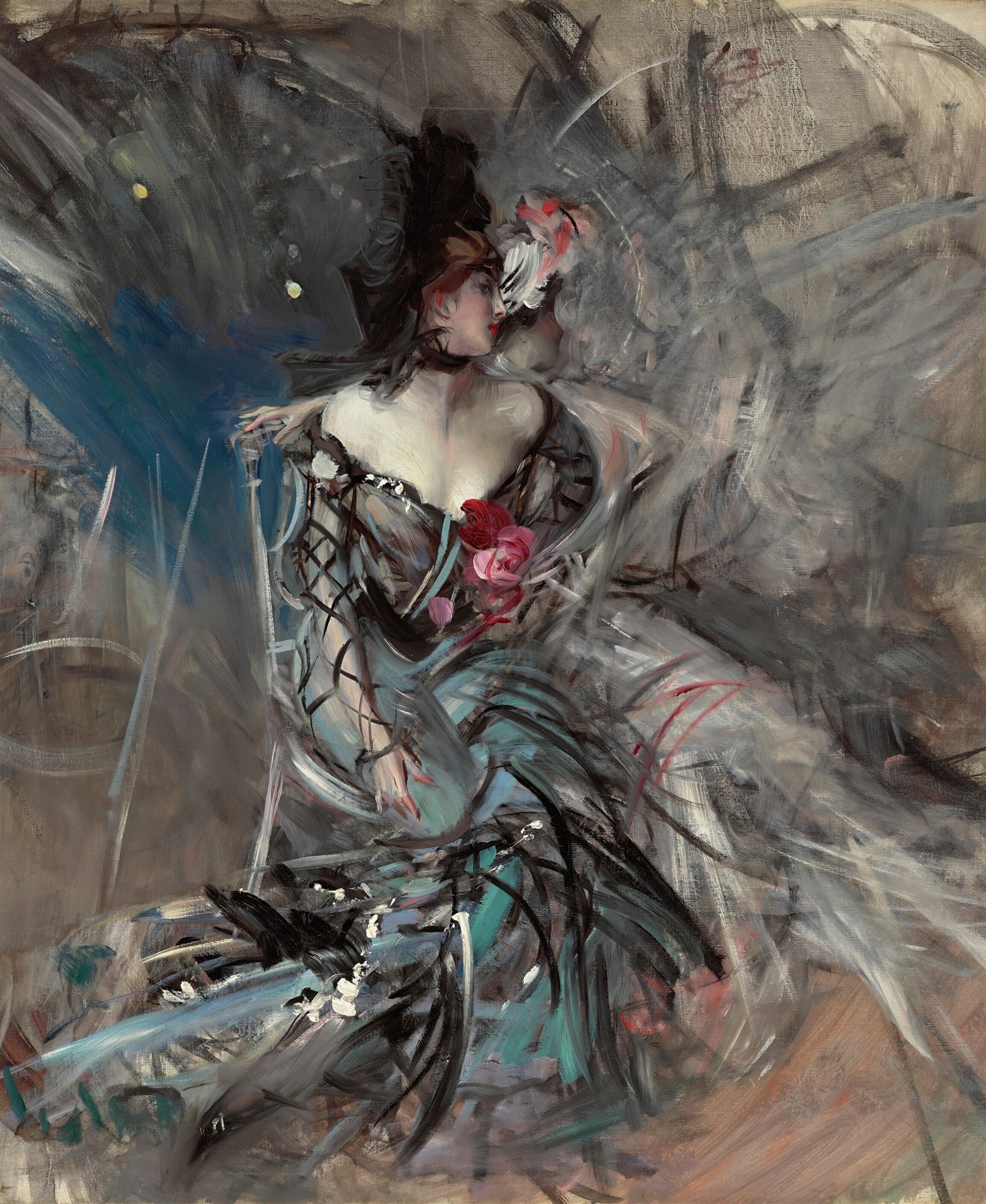 Quadro decorativo com retrato de mulher sentada, vestindo vestido escuro com detalhes em azul e rosa, em estilo impressionista com pinceladas soltas e vibrantes sobre fundo abstrato cinza e azul. Obra de Giovanni Boldini.