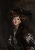 Retrato a óleo de uma mulher elegante de Giovanni Boldini, com chapéu e vestimentas escuras, sobre fundo escuro. A mulher tem um olhar direto e penetrante, com cabelos castanhos e rosto iluminado.