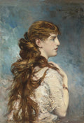 Retrato lateral de uma jovem mulher com longos cabelos castanhos avermelhados soltos, usando um vestido de renda claro, contra um fundo azul acinzentado, com a assinatura do artista Giovanni Boldini no canto superior direito.