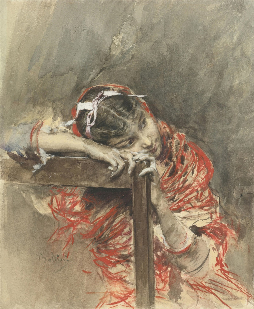 Quadro decorativo com pintura aquarela e guache de Giovanni Boldini, representando uma jovem mulher de perfil, com cabelos escuros e um laço claro na cabeça, apoiada em um batente ou parapeito de madeira. Ela usa uma vestimenta predominantemente vermelha com padrões abstratos, e seu olhar é pensativo e melancólico. O fundo é em tons de cinza e marrom, com pinceladas soltas. A assinatura do artista 'Boldini' é visível no canto inferior esquerdo.