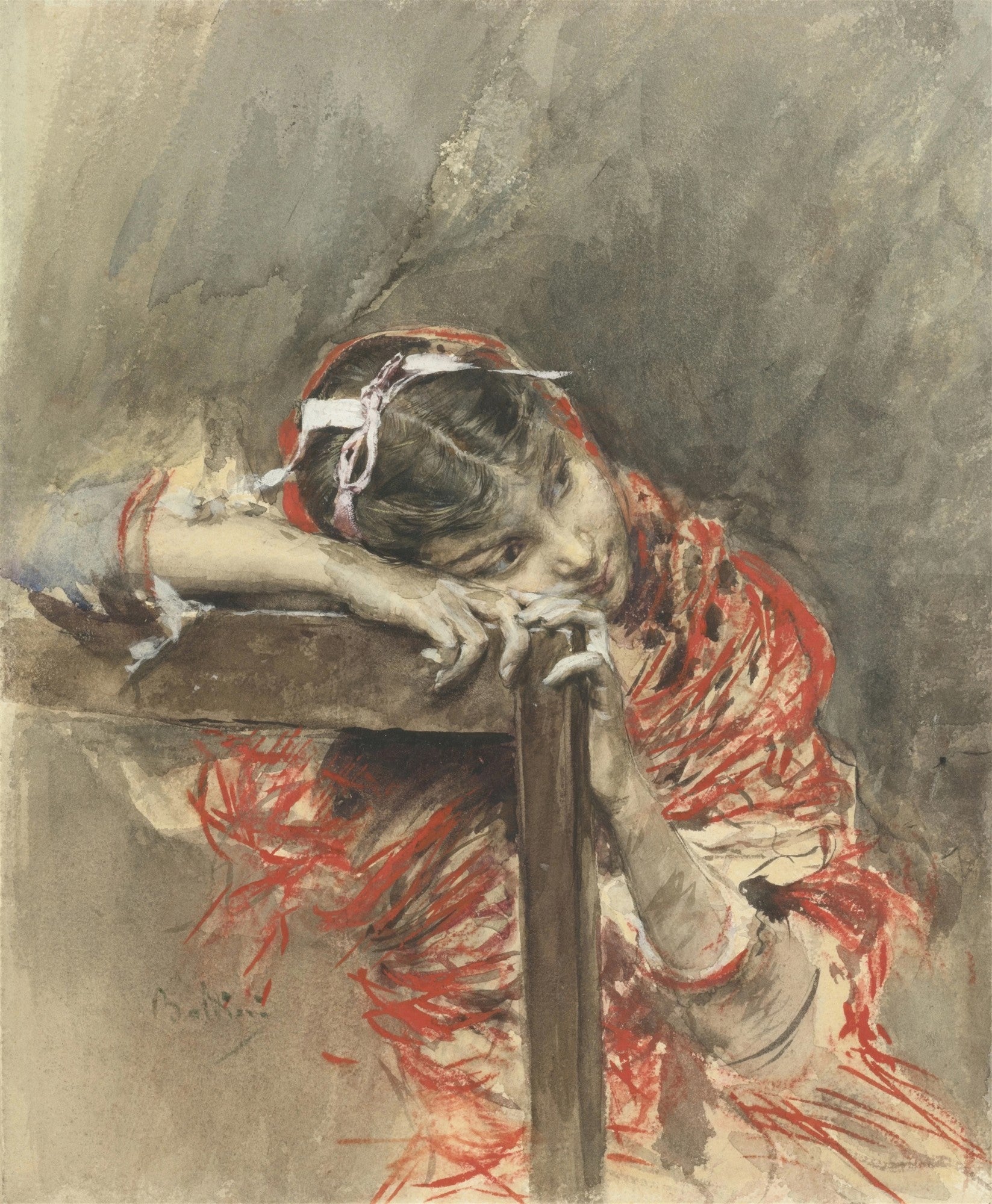 Quadro decorativo com pintura aquarela e guache de Giovanni Boldini, representando uma jovem mulher de perfil, com cabelos escuros e um laço claro na cabeça, apoiada em um batente ou parapeito de madeira. Ela usa uma vestimenta predominantemente vermelha com padrões abstratos, e seu olhar é pensativo e melancólico. O fundo é em tons de cinza e marrom, com pinceladas soltas. A assinatura do artista 'Boldini' é visível no canto inferior esquerdo.
