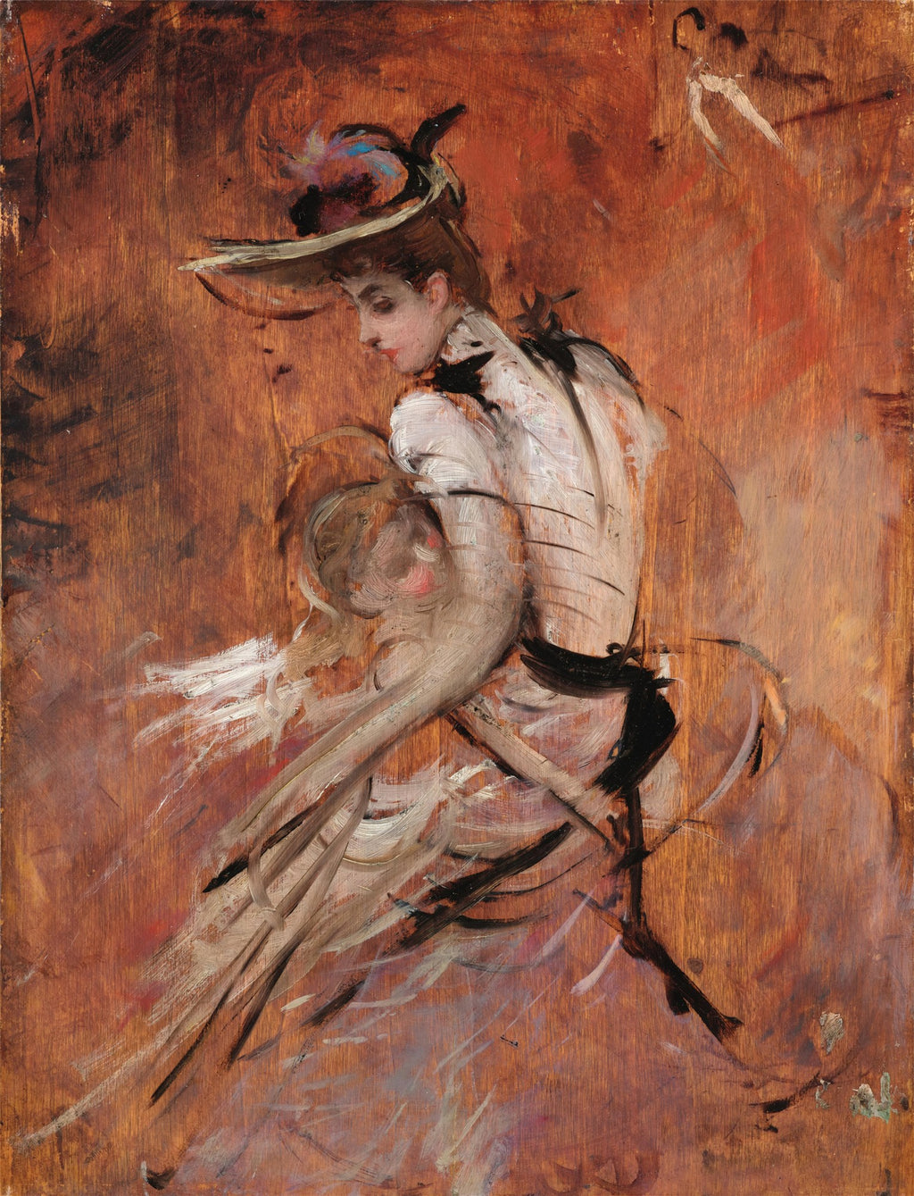Pintura a óleo de Giovanni Boldini, 'Dama com Chapeu', mostrando uma mulher elegante de perfil, vestindo um chapéu emplumado e um vestido branco, com pinceladas soltas e fundo em tons terrosos avermelhados.