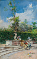 Quadro decorativo colorido de Giovanni Boldini, 'A Queda do Guarda-Chuva', com figuras elegantes em um jardim formal, um guarda-chuva caindo, e um céu azul com nuvens. A cena é vibrante e cheia de movimento, com tons de verde, azul e detalhes em rosa e amarelo.
