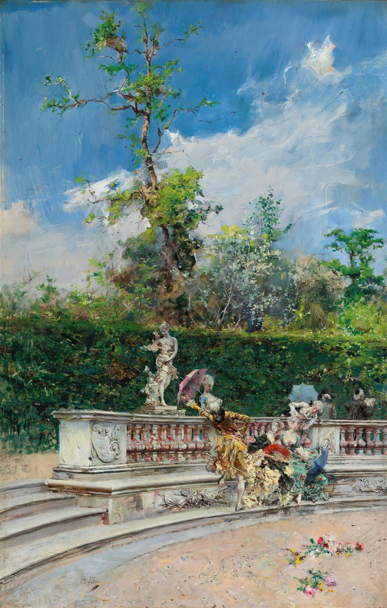 Quadro decorativo colorido de Giovanni Boldini, 'A Queda do Guarda-Chuva', com figuras elegantes em um jardim formal, um guarda-chuva caindo, e um céu azul com nuvens. A cena é vibrante e cheia de movimento, com tons de verde, azul e detalhes em rosa e amarelo.